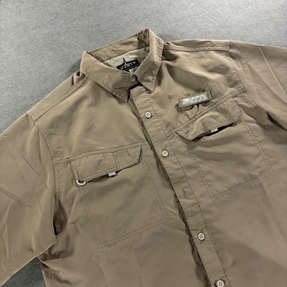 Habit Mens Fishing Shirt Large Atmosphere Tan Short Sleeve UPF 40+ TS1155 Khaki